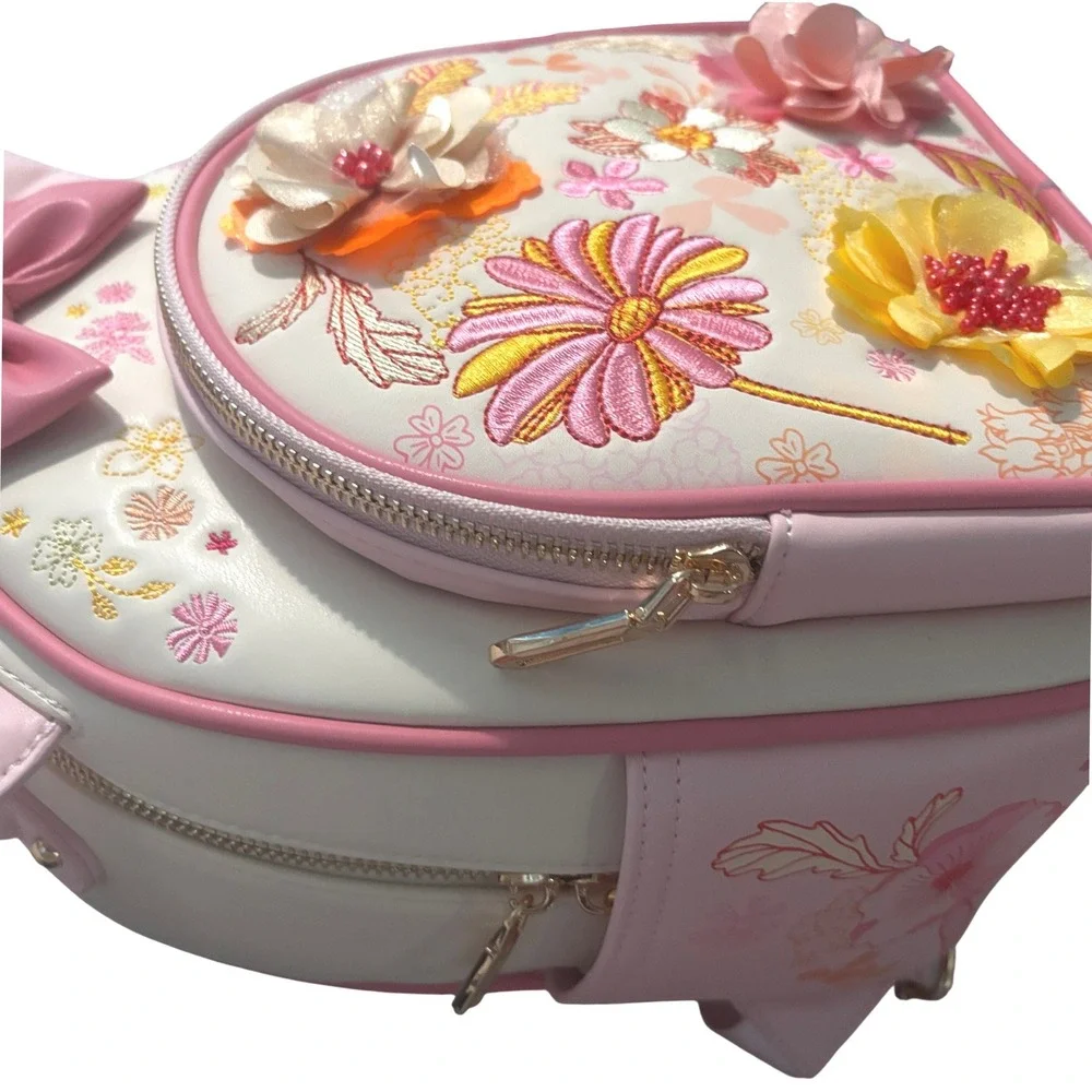 Disney Minnie Mouse Floral Embroidered Magnetic Ears Backpack Pink Cream NEW